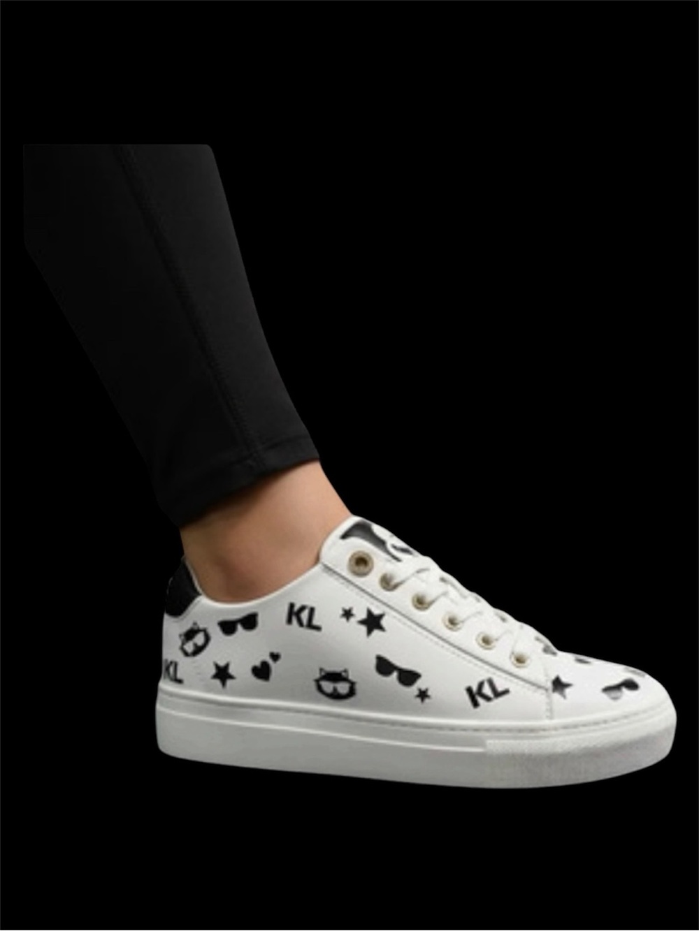 Karl Lagerfeld Paris Woman’s White Low-Top Sneakers with Black Logo Icons Sz 7.5